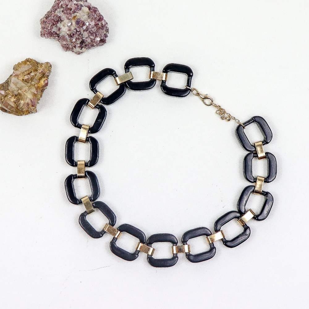 Black Acrylic and Gold Metal Choker Necklace